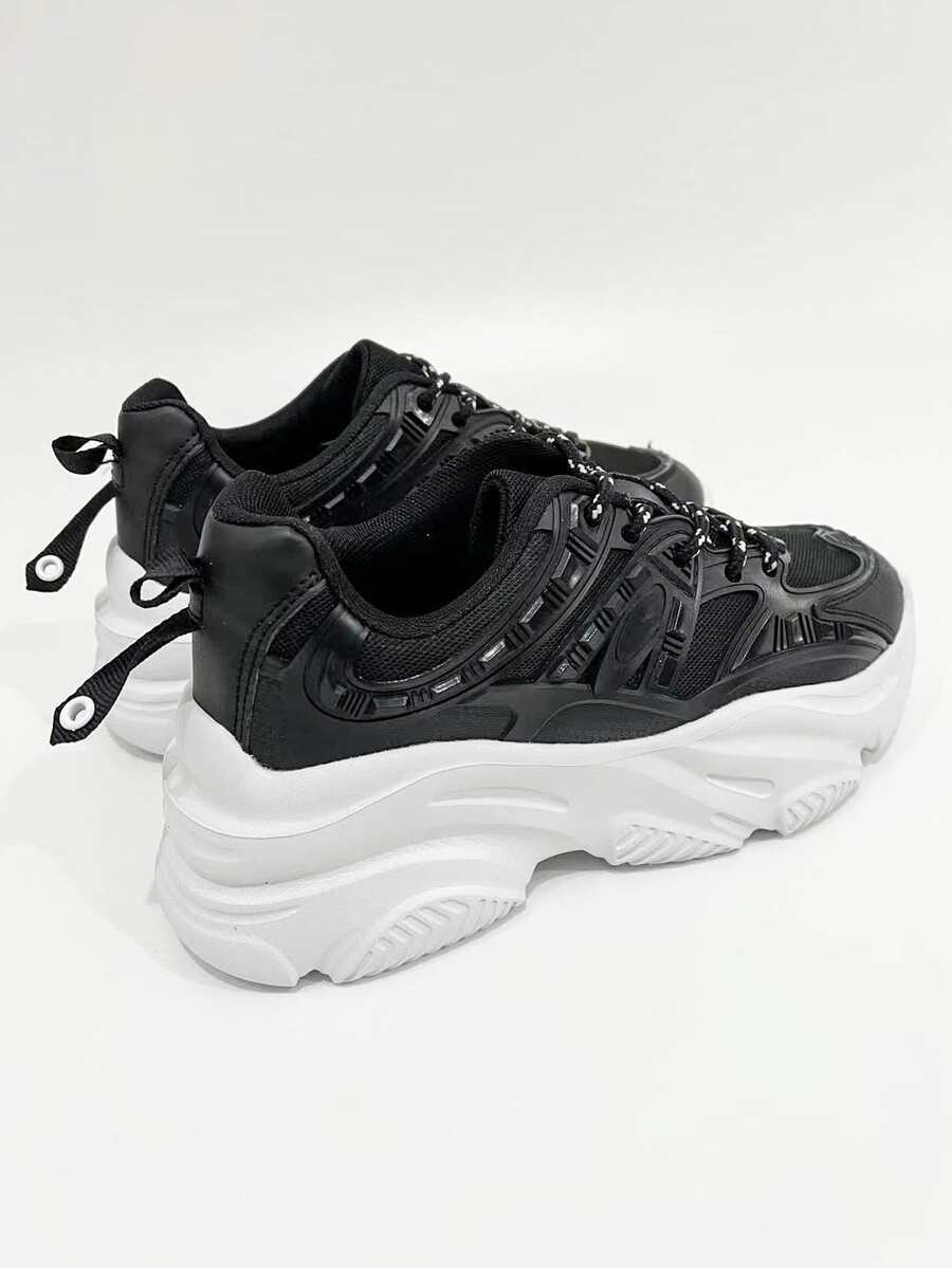 Lace-up Front Wedge Chunky Sneakers - Black - View 1