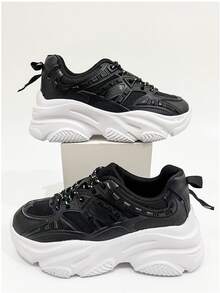 Lace-up Front Wedge Chunky Sneakers - Black - View 2
