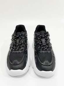 Lace-up Front Wedge Chunky Sneakers - Black - View 4