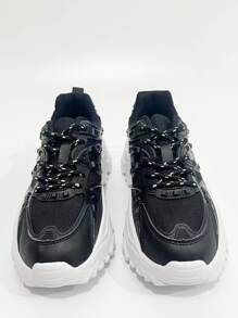 Lace-up Front Wedge Chunky Sneakers - Black - View 2