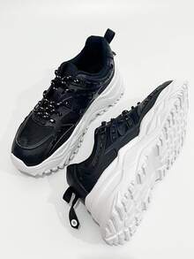 Lace-up Front Wedge Chunky Sneakers - Black - View 4