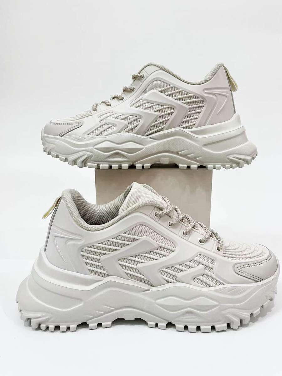 Texture Lace-up Front Wedge Chunky Sneakers - Beige - View 1