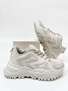 Texture Lace-up Front Wedge Chunky Sneakers - Beige - View 3