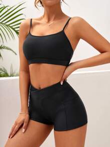 SHEIN Swim Solid Shorts Bikini Set Summer Beach - Black - View 1