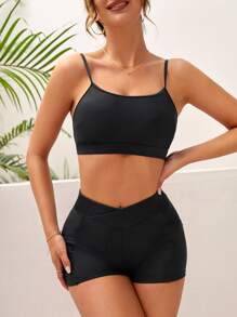 SHEIN Swim Solid Shorts Bikini Set Summer Beach - Black - View 4