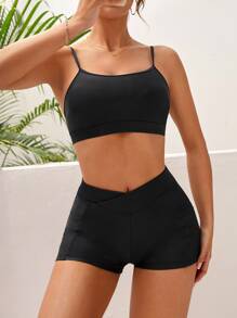 SHEIN Swim Solid Shorts Bikini Set Summer Beach - Black - View 5