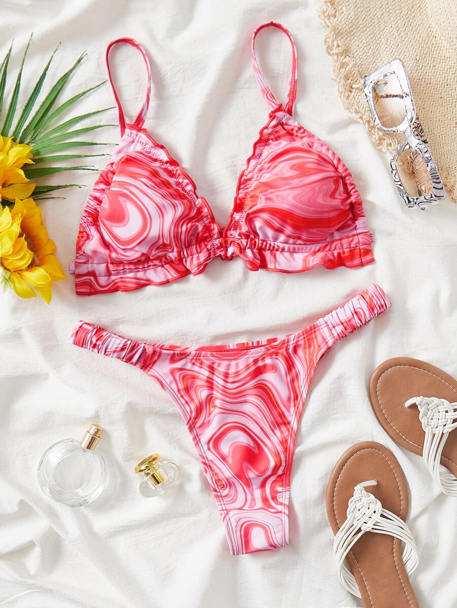 流體圖案打結前繫款夏日海灘比基尼套裝 - 彩色 - 查看 1