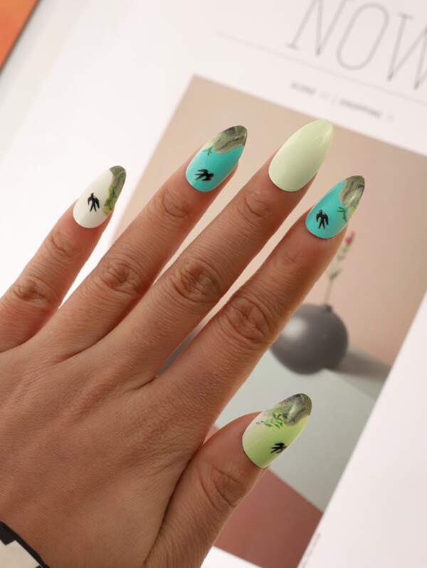 24Pcs Long Almond Swallow Pattern Fake Nail & 1Pc Nail File & 1Sheet Tape Press On Nails Nail Supplies Nails