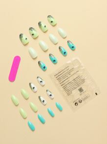 24Pcs Long Almond Swallow Pattern Fake Nail & 1Pc Nail File & 1Sheet Tape Press On Nails Nail Supplies Nails