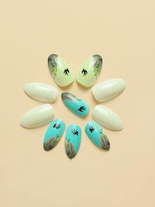 24Pcs Long Almond Swallow Pattern Fake Nail & 1Pc Nail File & 1Sheet Tape Press On Nails Nail Supplies Nails