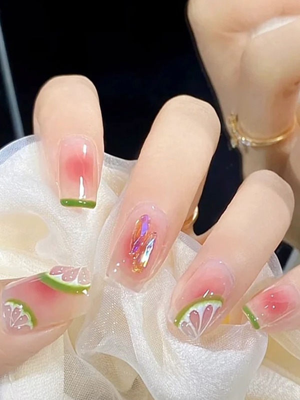 24pcs Short Square Fruit Pattern 3D Rhinestone Decor Fake Nail & 1pc Nail File & 1sheet Tape
