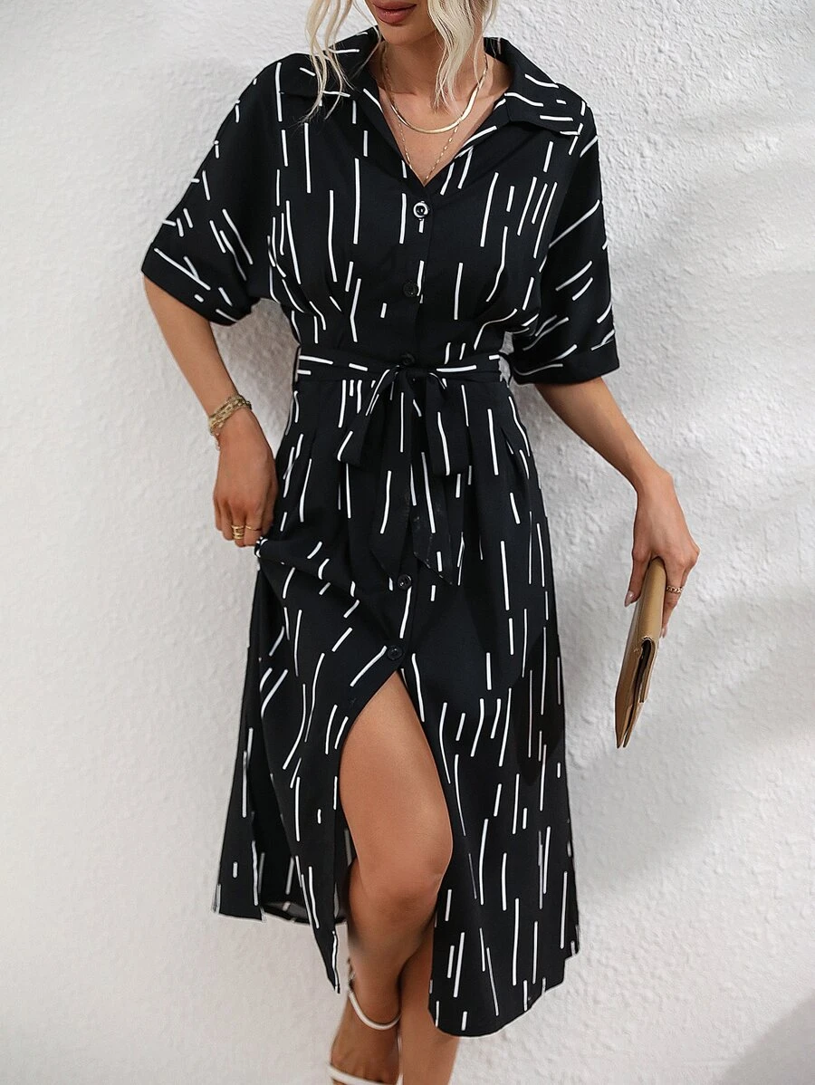 SHEIN LUNE Đầm Thắt lưng Nút phía trước Sọc Giải trí - màu đen - Xem 1