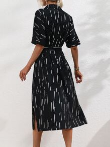 SHEIN LUNE Đầm Thắt lưng Nút phía trước Sọc Giải trí - màu đen - Xem 2