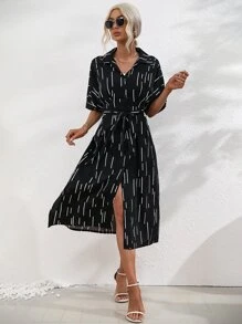 SHEIN LUNE Đầm Thắt lưng Nút phía trước Sọc Giải trí - màu đen - Xem 6