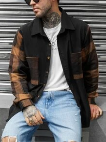 Manfinity Homme 男款加大格紋印花雙口袋襯衫