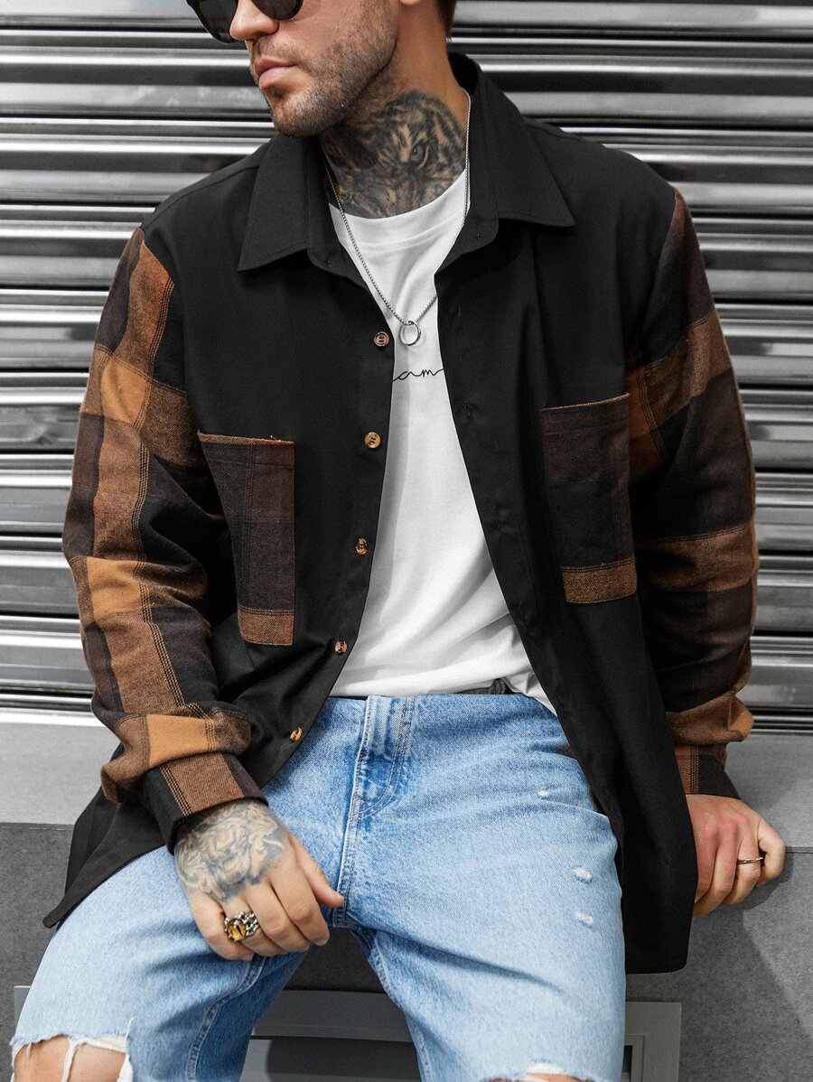 Manfinity Homme 男款加大格紋印花雙口袋襯衫