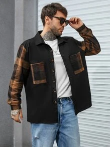 Manfinity Homme 男款加大格紋印花雙口袋襯衫