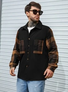 Manfinity Homme 男款加大格紋印花雙口袋襯衫