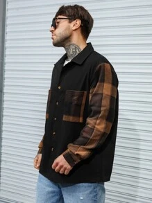 Manfinity Homme 男款加大格紋印花雙口袋襯衫