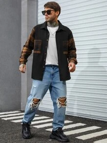 Manfinity Homme 男款加大格紋印花雙口袋襯衫