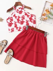 Girls Floral Print Halter Top & Two Layer Hem Skirt - Red and White - View 1