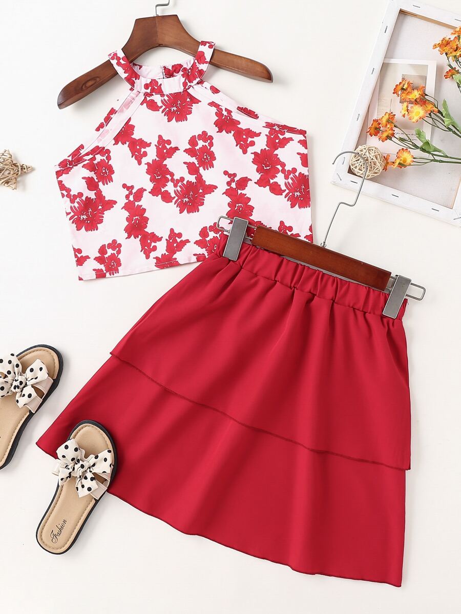 Girls Floral Print Halter Top & Two Layer Hem Skirt - Red and White - View 1