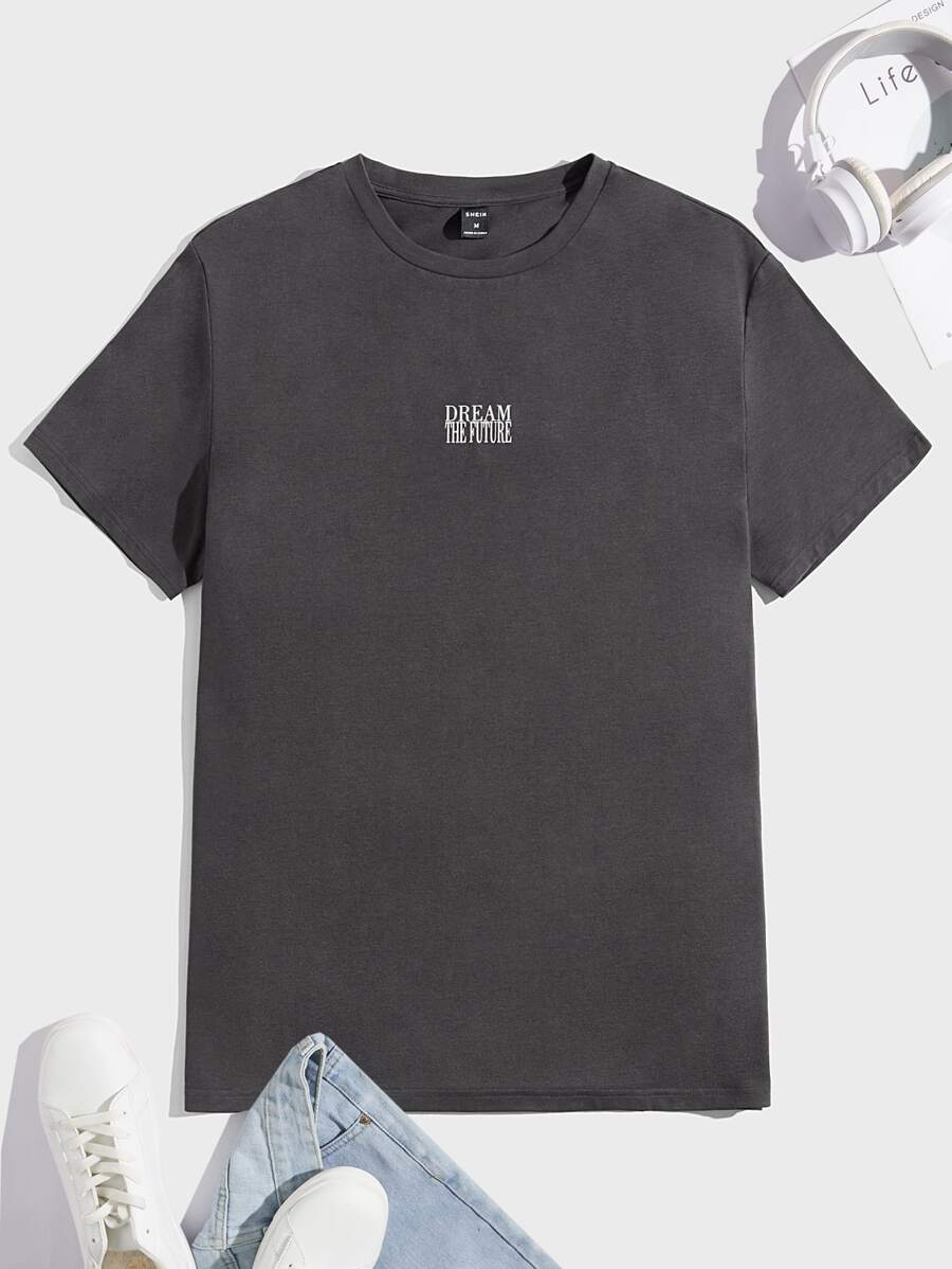 Manfinity VCAY Men T-Shirts Fit Crew Neck Short Sleeve Slogan Tee Casual Cool Stuff Summer - Dark Grey - View 1