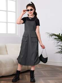 SHEIN Teen Girls Flap Pocket Drawstring Side Overall Dress Without Tee - Dark Grey - View 1