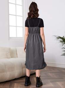 SHEIN Teen Girls Flap Pocket Drawstring Side Overall Dress Without Tee - Dark Grey - View 2