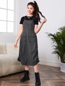 SHEIN Teen Girls Flap Pocket Drawstring Side Overall Dress Without Tee - Dark Grey - View 3