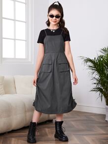 SHEIN Teen Girls Flap Pocket Drawstring Side Overall Dress Without Tee - Dark Grey - View 4