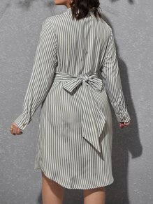 SHEIN Clasi Plus Striped Print Tie Back Shirt Dress - Olive Green - View 3