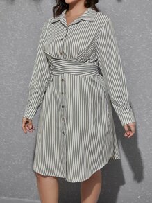 SHEIN Clasi Plus Striped Print Tie Back Shirt Dress - Olive Green - View 4