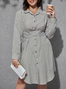 SHEIN Clasi Plus Striped Print Tie Back Shirt Dress - Olive Green - View 1