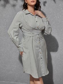 SHEIN Clasi Plus Striped Print Tie Back Shirt Dress - Olive Green - View 5