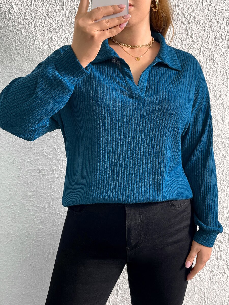 SHEIN LUNE Plus Drop Shoulder Solid Sweatshirt - Teal Blue - View 1