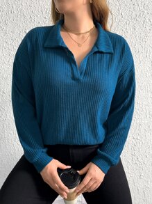 SHEIN LUNE Plus Drop Shoulder Solid Sweatshirt - Teal Blue - View 3