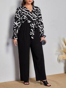 SHEIN Clasi Jumpsuits Plus Size Thắt lưng Trọn gói Lá thư Thanh lịch - màu đen - Xem 3