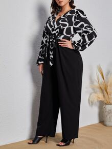 SHEIN Clasi Jumpsuits Plus Size Thắt lưng Trọn gói Lá thư Thanh lịch - màu đen - Xem 5