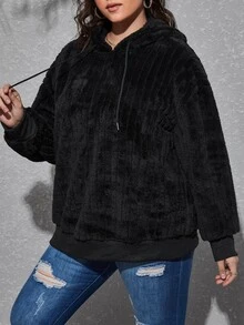 SHEIN EZwear Plus Drop Shoulder Drawstring Hoodie - Black - View 5