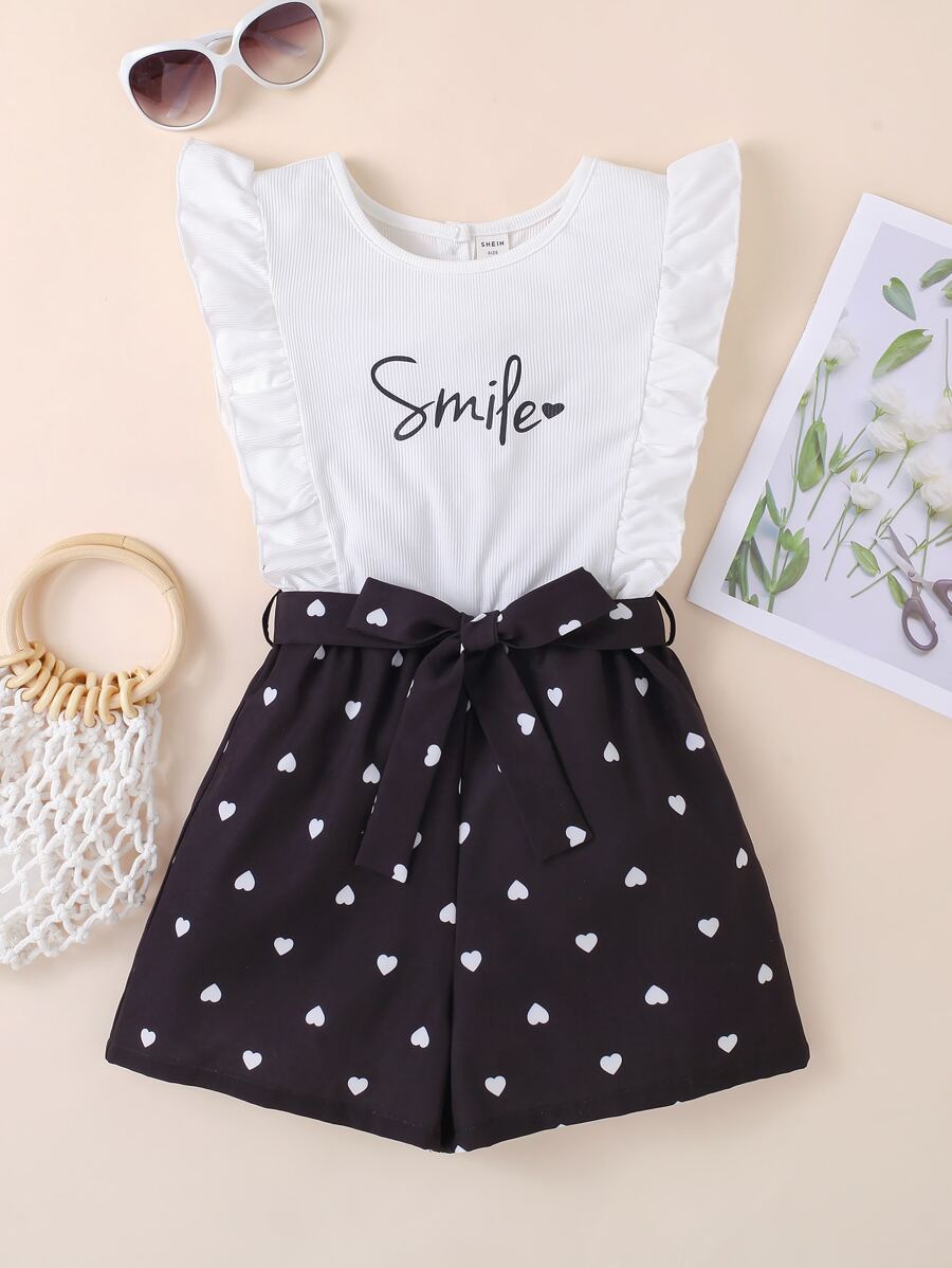 女孩愛心和字母圖案荷葉邊連身短褲 - 黑與白 - 查看 1