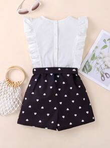 女孩愛心和字母圖案荷葉邊連身短褲 - 黑與白 - 查看 2