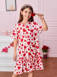 SHEIN 女孩愛心圖案荷葉邊睡裙