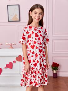 SHEIN 女孩愛心圖案荷葉邊睡裙