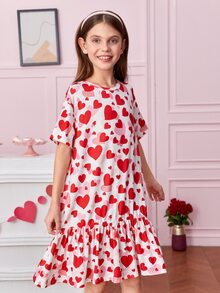 SHEIN 女孩愛心圖案荷葉邊睡裙