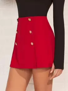 SHEIN Privé Quần đùi nữ Nút đôi Dây kéo màu trơn Thanh lịch - Đỏ - Xem 5