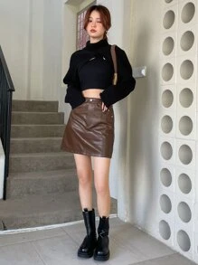 DAZY Turtleneck Batwing Sleeve Shrug Jumper Without Camisole - Black - View 9