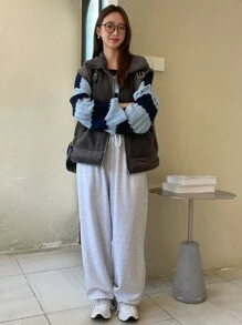 DAZY Zip Up Teddy Vest Coat - Dark Grey - View 9