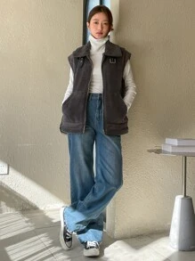 DAZY Zip Up Teddy Vest Coat - Dark Grey - View 10