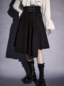 ROMWE Goth 帶扣細節高腰不對稱半身裙 - 黑色 - 查看 1